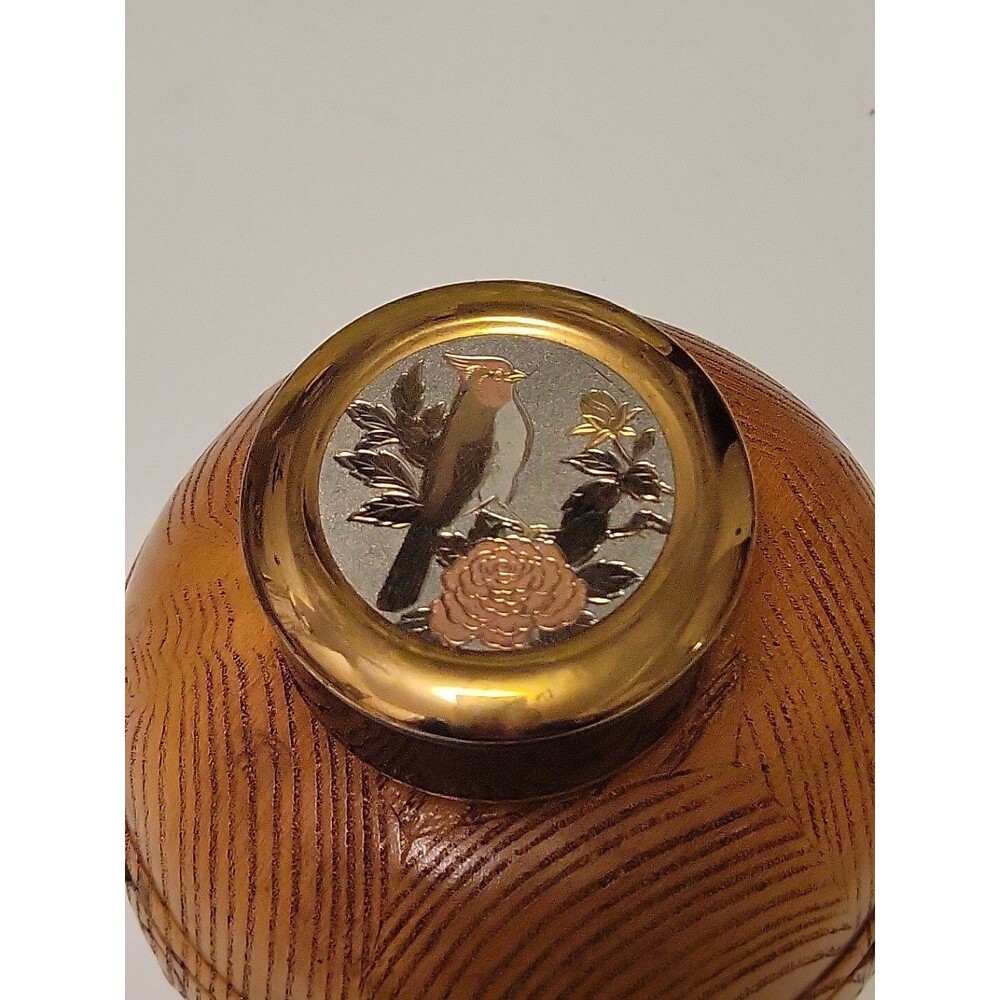 Vtg Japan ART OF CHOKIN 24KT Gold Leaf Engraved Round Lidded Trinket Box Bird